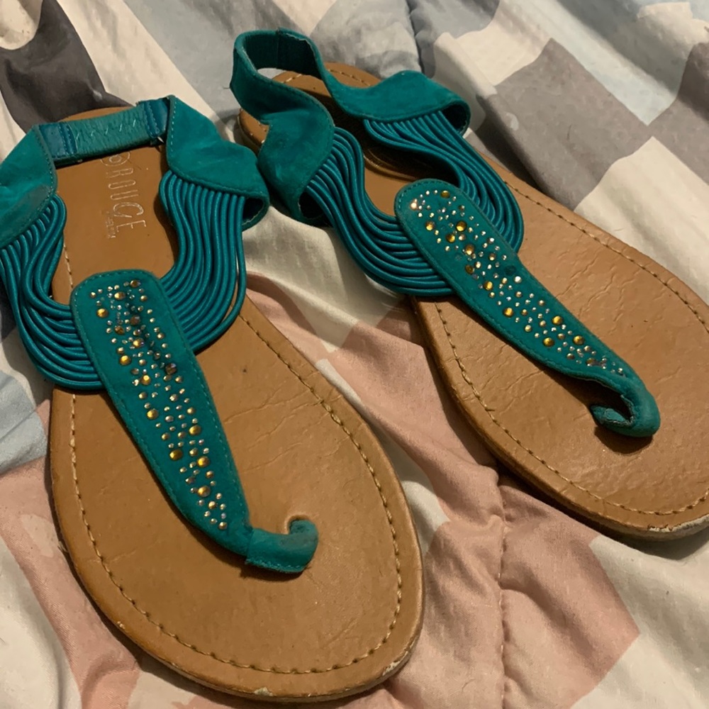 Teal Sandler with gold gems